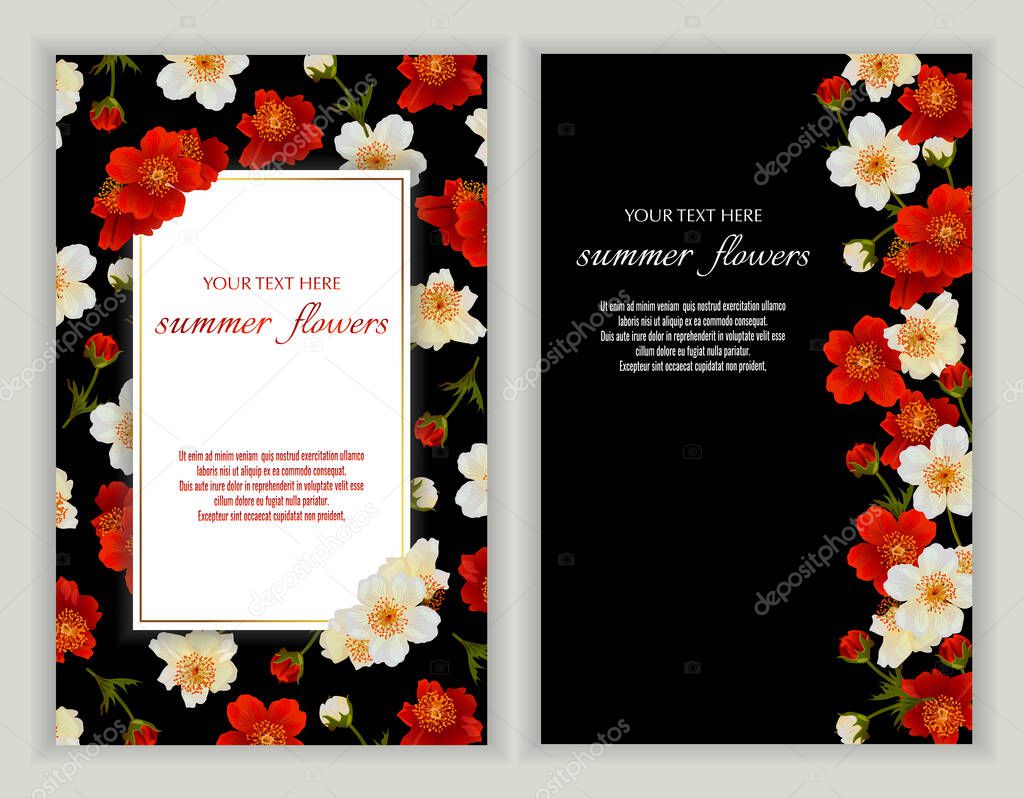 Vector banners set with summer flowers on black.Template for greeting cards, wedding decorations, invitation ,sales. Spring or summer design. Place for text.
