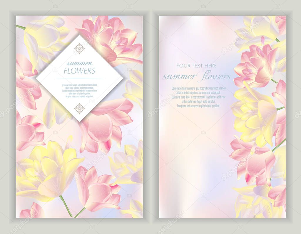 Vector banners set with tulips flowers.Template for greeting cards, wedding decorations, invitation ,sales. Spring or summer design. Place for text.