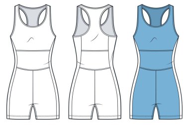 Activewear Romper with racerback technical fashion Illustration. Bodysuit fashion flat technical drawing template, front and back view, white, blue, women, men, unisex CAD mockup.