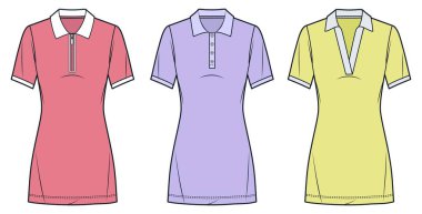 Polo Elbise Teknik Moda İllüstrasyonu, Fermuar Plaketi, Düğme Plaketi, V yaka, ön görüş, pembe, lavanta, sarı, kadın CAD modeli.