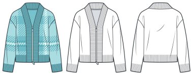 Damalı Zip Cardigan Teknik Moda Çizimi. Örgü Cardigan moda düz çizim şablonu, ön ve arka görünüm, beyaz, nane mavisi, kadınlar, erkekler, unisex CAD modeli.