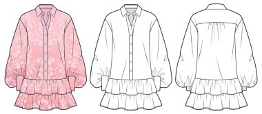 Kadınlar Pembe Mini Elbise Teknik Moda Çizimi. Gömlek Düz Teknik Şablon, Düğme Yaka, Kelepçe, Fırfırlı, Ön ve Arka Manzara, Beyaz, Kadın CAD Model Seti.