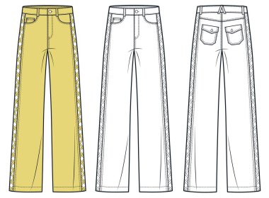 Geniş paçalı pantolon ve düz moda çizimi. Kes-Kotlar moda düz çizim şablonu, düz bacak, ön görüş, arka görüş, beyaz, sarı, kadın, erkek, unisex CAD modeli.