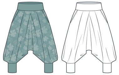 Çiçek desenli düz çizimli Harem pantolonu. Boho Pants moda düz çizim şablonu, gevşek uyum, cepler, ön görüş, beyaz, yeşil, kadınlar, erkekler, unisex CAD modeli.