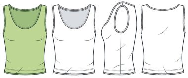 Kadınlar kolsuz tişörte dantel desenli düz çizim taktılar. Kepçe Boyun Üst moda düz çizim şablonu, ön, yan ve arka görünüm, beyaz, yeşil, kadın CAD model seti.