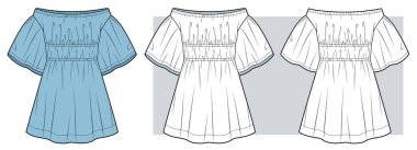 Omuz Mavisi Elbise Teknik Moda İllüstrasyonu. Fişekli Mini Elbise Düz Teknik Şablon, toplanma, ön ve arka görüş, beyaz, kadın CAD modelleme seti.