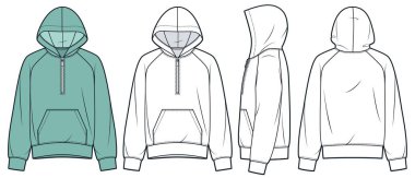 Yarı Zip Sweatshirt teknik moda illüstrasyonu. Raglan Kollu Kapüşonlu Moda Düz Çizim Şablonu, gevşek forma, ön, yan ve arka görünüm, beyaz, yeşil, kadın, erkek, unisex CAD model seti.