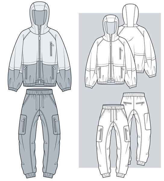Hooded Jacket and Jogger Pants Technical Fashion Illustration. Tracksuit fashion flat technical drawing template, front and back view, white, gray, women, men, unisex Activewear CAD mockup set.