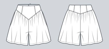 Kadınlar V şeklinde düz çizimli şortlar topladı. Short Pants moda düz çizim şablonu, arka fermuar, cepler, ön ve arka görüş, beyaz, kadın, erkek, unisex CAD modeli.
