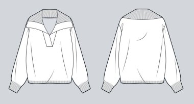 Collar Fashion Sketch 'li kazak. Süveter moda düz çizim şablonu, v yaka, ön ve arka görünüm, beyaz, kadın, erkek, unisex CAD modeli.