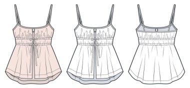 Kadınlar Cami Top Teknik Skeç. Spagetti Kayışı Üst Moda Düz Çizim Şablonu, Ayarlanabilir Kayışlar, Ön ve Arka Manzara, Beyaz, Yumuşak Pastel, Kadın CAD Model.