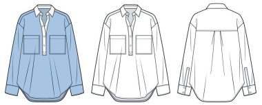 Düğme Plaketi Gömleği Teknik Moda İllüstrasyonu. Büyük yakalı gömlekli düz çizim şablonu, yama cepleri, ön ve arka görüş, beyaz, mavi, kadın, erkek, unisex CAD modeli.