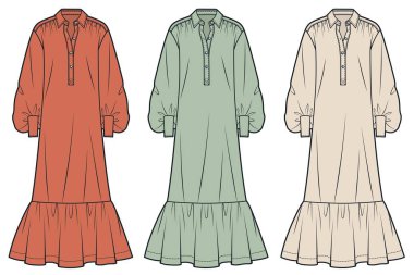 Kadınlar, gömlek giymeyi, teknik moda illüstrasyonunu kaybeder. Ruffle Uzun Elbise düz çizim şablonu, balon kolları, düğme plaketi, ön manzara, terracotta, adaçayı yeşili, yumuşak kum, kadın CAD model seti.