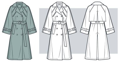 Çift Göğüslü Yağmurluk, Klasik Uzun Kıyafet, Moda Çizimi, vektör şablonu, ön ve arka görüş, bilge yeşil, beyaz, kadın, erkek, unisex CAD modeli.