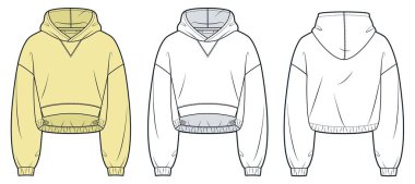 Kesilmiş Kapüşonlu Teknik Çizim, Büyük Ekin Tişört Modeli, Kadın Sokak Giyimi Kapüşonu Şablonu, Ön ve Arka Görünüm Modeli