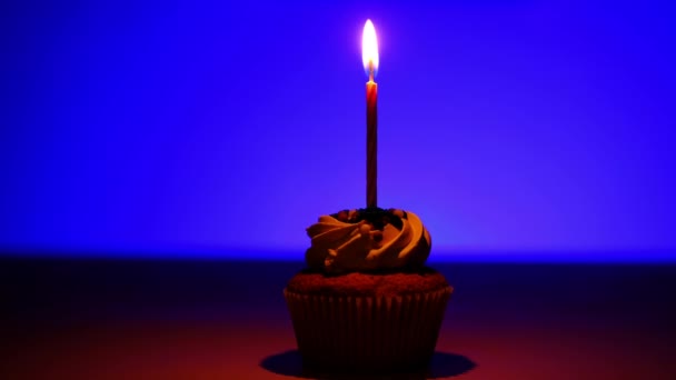 La candela si spegne sui cupcake nel buio solitario. Concetto di vacanza, compleanno, festa. Copia spazio — Video Stock