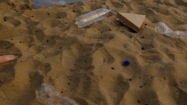 Ung kvinna volontär samlar plastflaskor och skräp på sand till havs. — Stockvideo