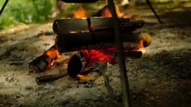 Yaz ormanlarında kamp ateşi. Alevler ve duman yanan odun.