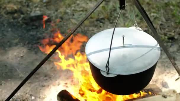 Turister förbereder lunch i vandringskruka på lägereld på campingen. Bowlare på brasan. — Stockvideo