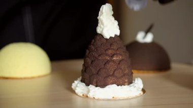 Renkli kadifeyle kaplı mini kremalı tatlı. Modern pasta..
