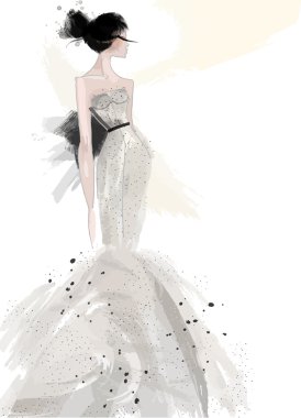 Fashion illustration, sketch model in grey evening dress clipart