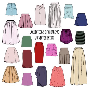Collections of clothing, twenty colorful vector different styles of skirts clipart