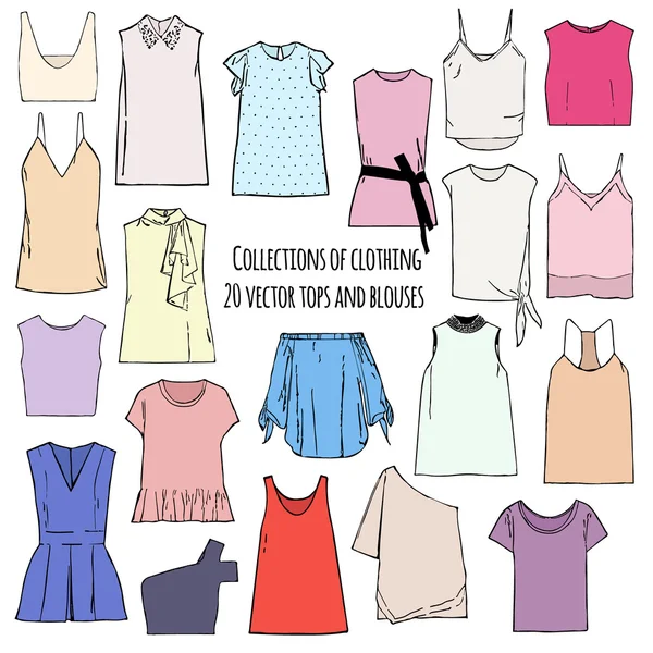 Kollektionen von Kleidung, zwanzig bunte Vektoroberteile, Hemden, T-Shirts und Blusen — Stockvektor