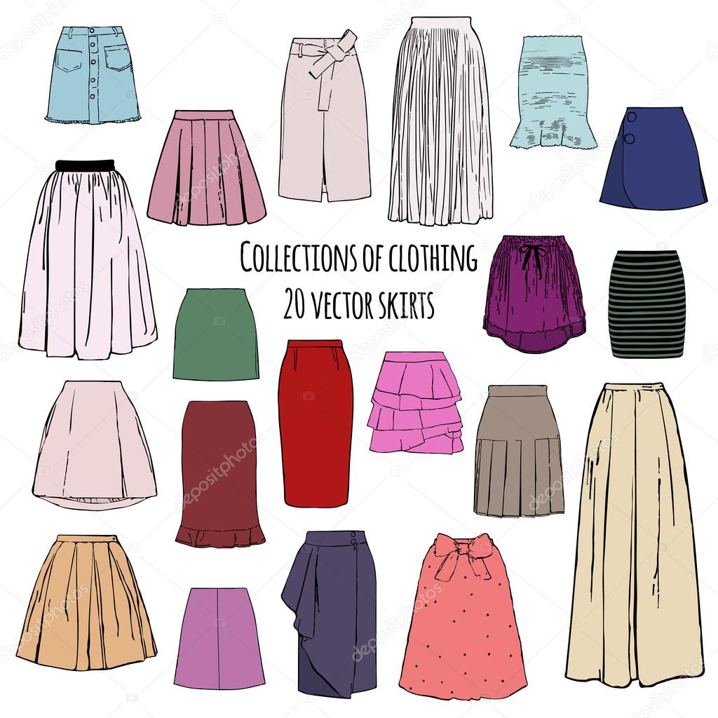 Collections of clothing, twenty colorful vector different styles of skirts