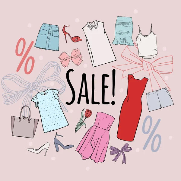 Venta de ropa de mujer. collage dibujado a mano vectorial de ropa de mujer y accesorios y zapatos aislados sobre fondo blanco — Vector de stock