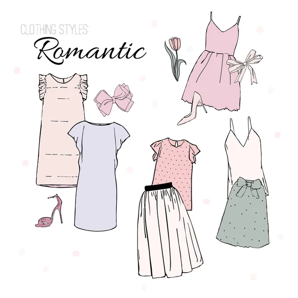 Estilos de ropa romántica, conjunto de ropa. collage dibujado a mano vectorial de ropa de mujer y accesorios y zapatos aislados sobre fondo blanco . — Vector de stock