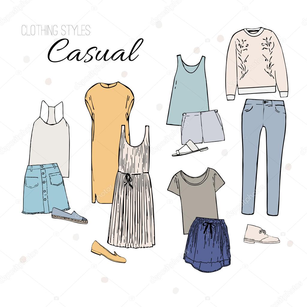 Casual clothing styles, set of clothing. Vector hand drawn collage of women clothing and accessories and shoes isolated on white background.