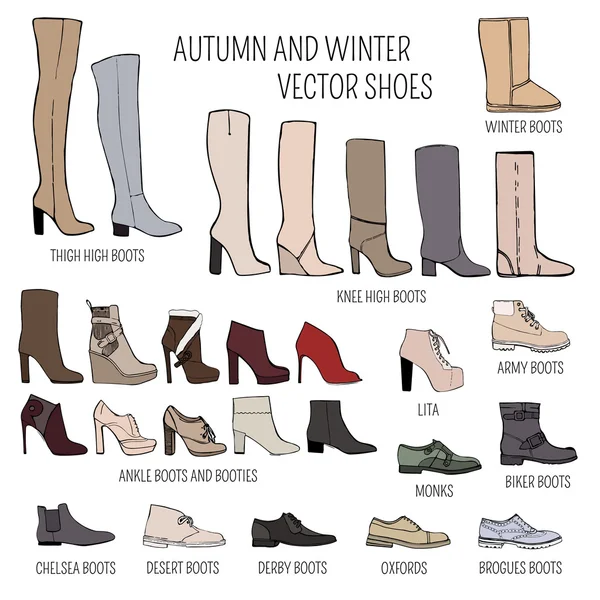 Set wanita vektor musim gugur dan sepatu musim dingin terisolasi di latar belakang putih - Stok Vektor