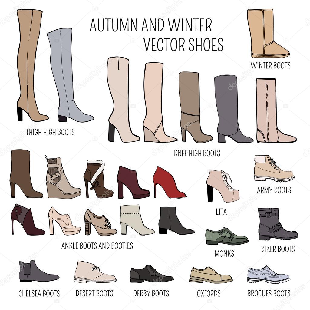 Set of vector women autumns and winter shoes isolated on white background