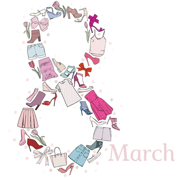 Διανυσματικά 8 Μαρτίου με πολύχρωμο γυναικεία ρούχα, παπούτσια, τόξα και λουλούδια — Διανυσματικό Αρχείο