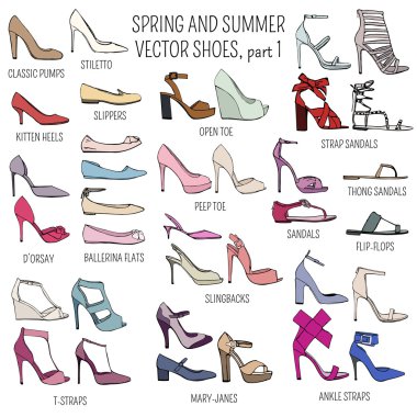Set of vector women spring and summer shoes isolated on white background clipart