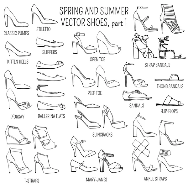 Set of vector women spring and summer shoes isolated on white background — Stock Vector