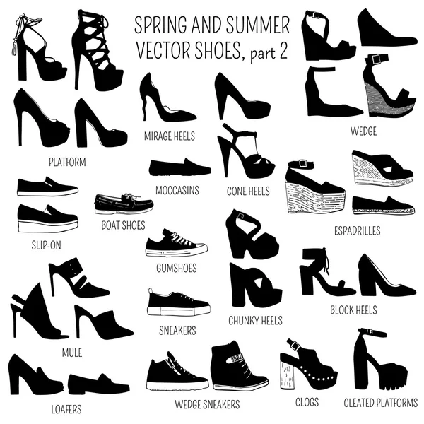 Verzameling van vector vrouwen lente en de zomer schoenen geïsoleerd op witte achtergrond — Stockvector