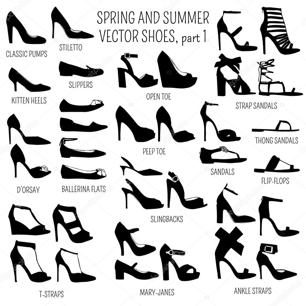 Set of vector women spring and summer shoes isolated on white background