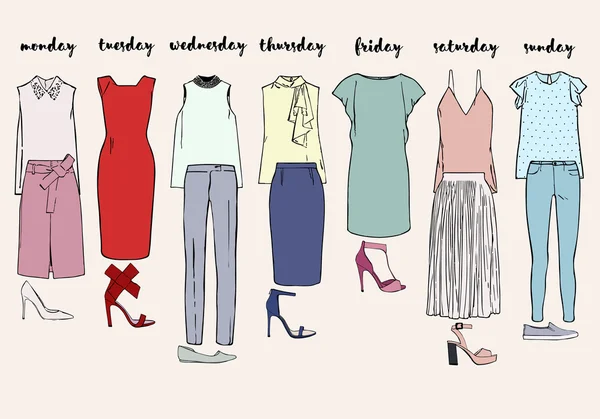 Damkläder i en vecka. Klänningar, kjolar, toppar, blusar, byxor och skor — Stock vektor
