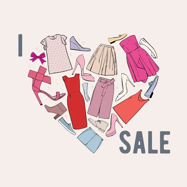 Uwielbiam sprzedaż, serce kobiety, odzież, buty i łuki. Wektor — Wektor stockowy