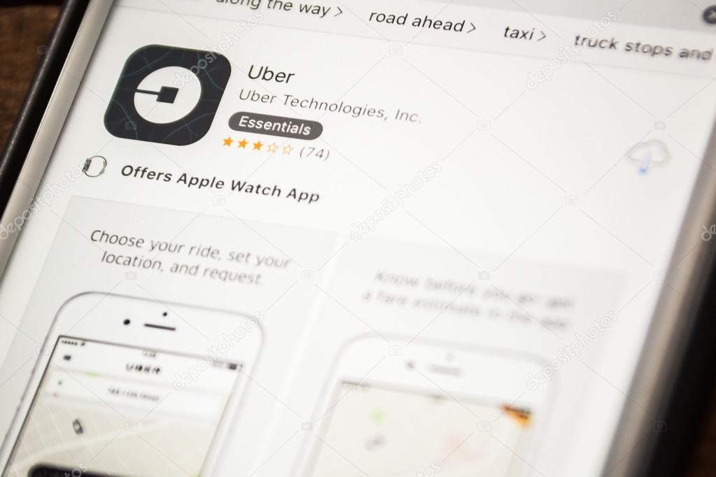 LAS VEGAS, NV - August 26,2016: Vignette Selective Focus Apple iPhone 6+ close up with Uber app store application showing on screen. Uber is a social ride sharing app for smartphones.