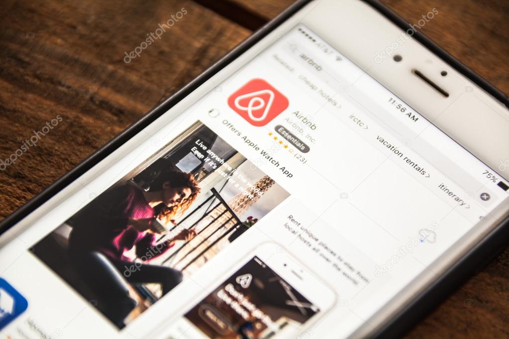 LAS VEGAS, NV - August 26,2016: Vignette Selective Focus Apple iPhone 6+ with Airbnb app store application showing on screen. Airbnb is a vacation rental app for smartphones.