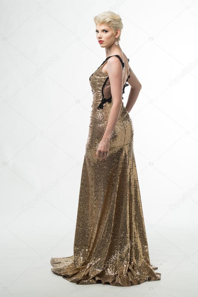 Woman Beauty Long Fashion Dress, Elegant Girl In Gold Gown