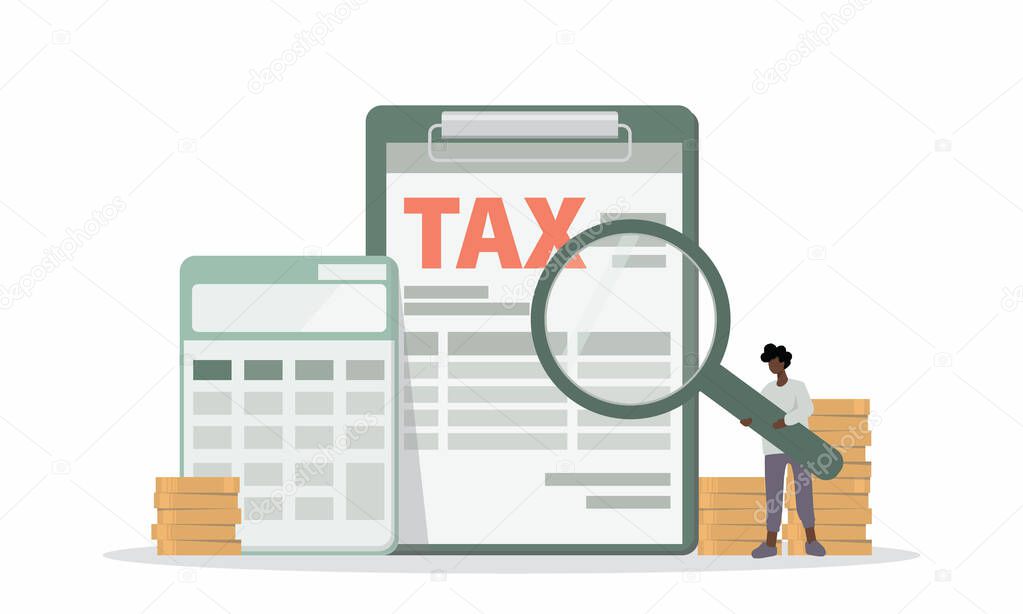 Concept of Tax and Accounting. There are Data analysis, paperwork, financial research report and calculation of tax return. Payment of debt. Vector illustration.