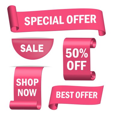 Aşk ve sevgililer günü konsepti. En iyi seçim, şimdi sipariş, özel teklif, bedava teslimat pankartları. Pembe kurdeleler, etiketler ve çıkartmalar. Vektör
