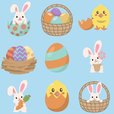 Paskalya yumurtası vektörü ayarlandı. Renkli Ostern yumurtası, tavşan, piliç, Paskalya festivali için kutlama, bahar tatili, tebrik kartları. Resimler mavi arkaplanda izole edildi.