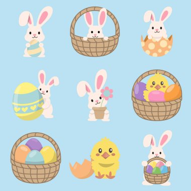 Paskalya yumurtası vektörü ayarlandı. Renkli Ostern yumurtası, tavşan, piliç, Paskalya festivali için kutlama, bahar tatili, tebrik kartları. Resimler mavi arkaplanda izole edildi.