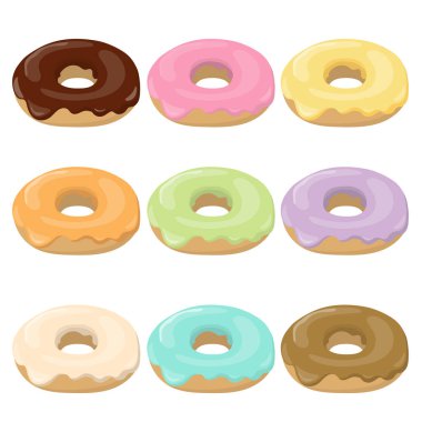 Kremalı ve şekerli renkli çöreklerden oluşan vektör seti. Çikolata, krema, çilek, nane şekeri, fırın, kafe, menü, çıkartma, ambalaj tasarımı için tatlı tatlı koleksiyonu. Resim beyaz arkaplanda izole edildi