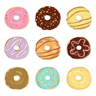 Kremalı ve şekerli düz renkli çörekler seti. Çikolata, krema, çilek, nane şekeri, fırın, kafe, menü, çıkartma, ambalaj tasarımı için tatlı tatlı koleksiyonu. Resim beyaz arkaplanda izole edildi