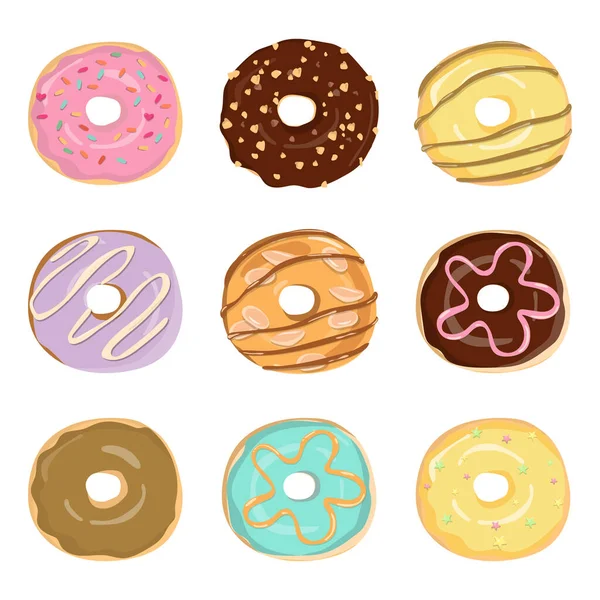 Kremalı ve şekerli düz renkli çörekler seti. Çikolata, krema, çilek, nane şekeri, fırın, kafe, menü, çıkartma, ambalaj tasarımı için tatlı tatlı koleksiyonu. Resim beyaz arkaplanda izole edildi